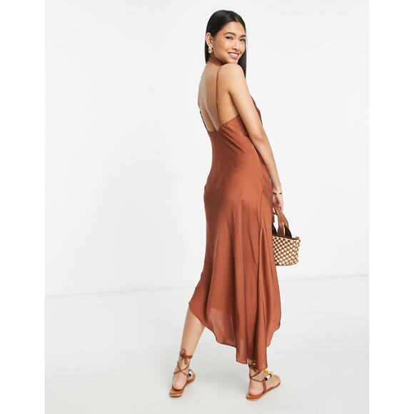 AllSaints Alexia ruched satin asymmetric midi dress in bronze Size 2 XS - Picture 2 of 8
